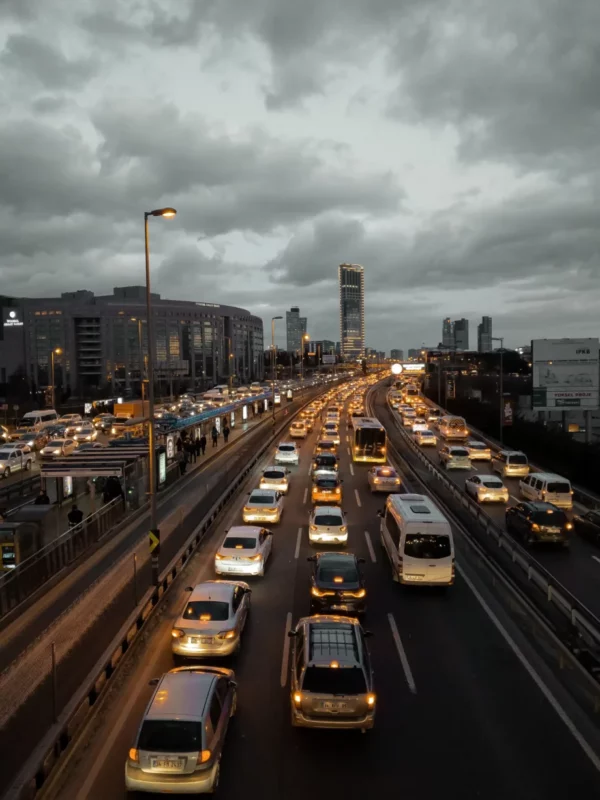 Avocat-accidents-de-la-route Flux de circulation automobile dense de nuit, rappelant l'importance de contacter une avocat accidents de la route en cas d'incident.
